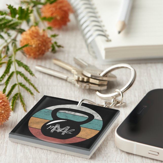 Vintage kettlebell custom monogram name initial key ring (Front Right)
