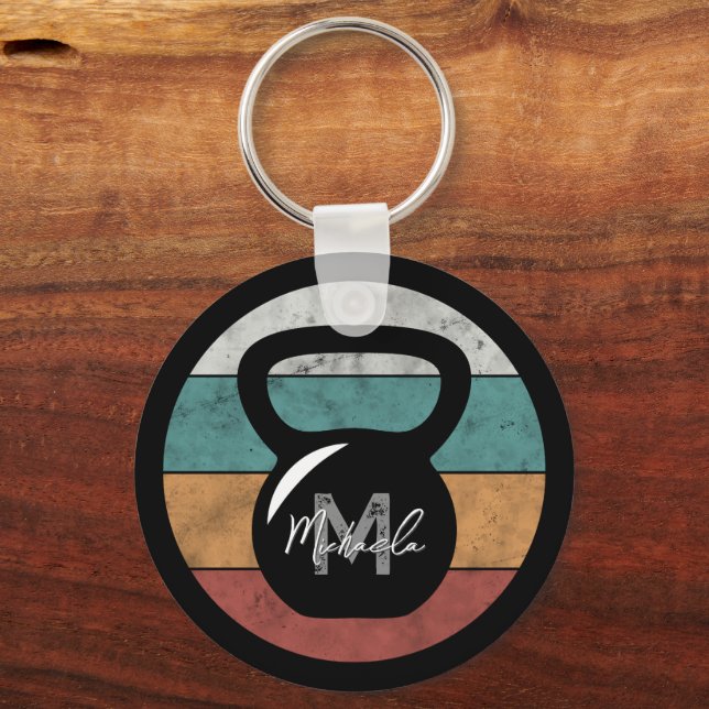 Vintage kettlebell custom monogram name initial key ring (Front)