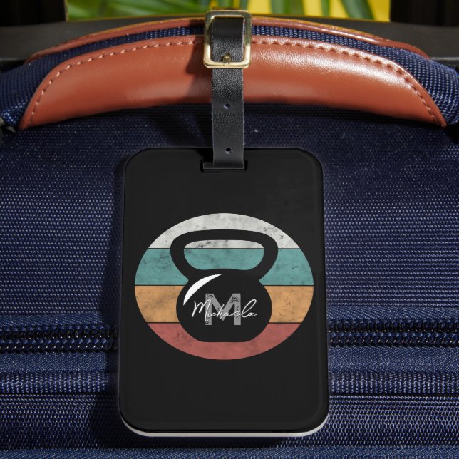 Vintage kettlebell custom monogram name initial luggage tag (Front Insitu 2)