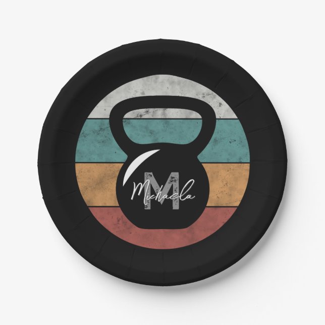 Vintage kettlebell custom monogram name initial paper plate (Front)