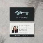 Vintage Key | Aqua | Photo Real Estate Business Card<br><div class="desc">Elegant business cards for real estate agents or realtors feature a vintage skeleton key illustration in faux aqua blue foil with your name or business name beneath. Add your full contact details to the reverse side in soft off-black on a white background,  along with a photo.</div>
