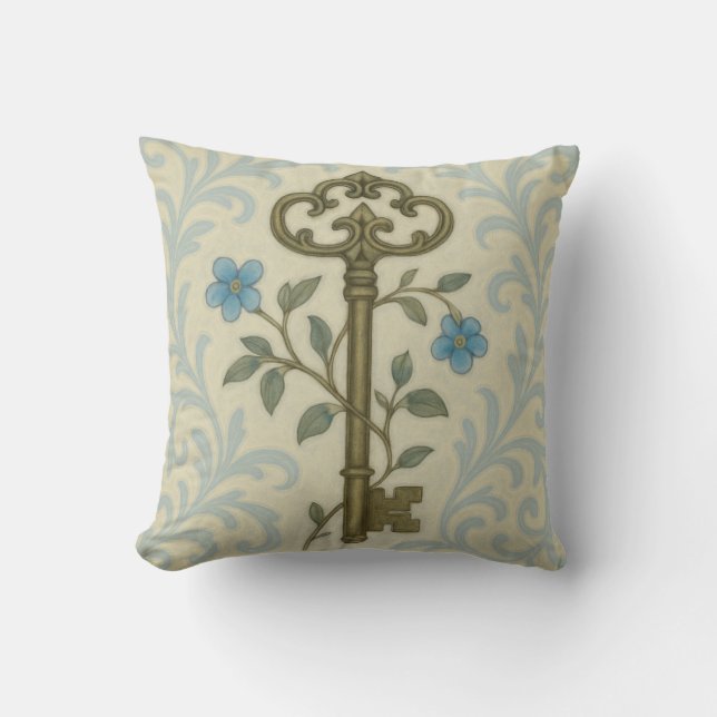 Vintage Key & Blue Floral Scroll Square  Cushion (Front)