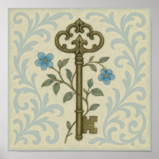 Vintage Key & Blue Floral Wall Art - Antique Style