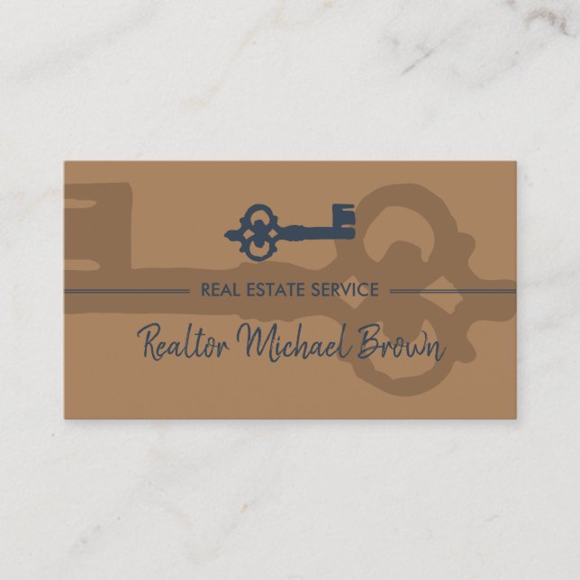 Vintage Key Real Estate Navy Brown Business Card (Front)