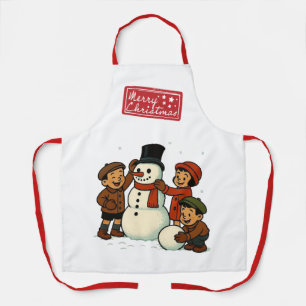 Vintage kids building snowman apron