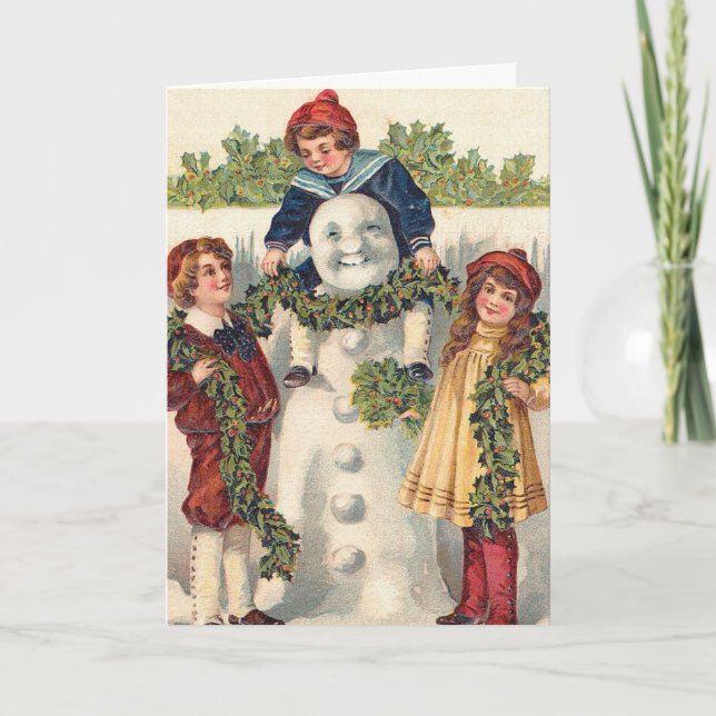 Vintage kids building snowman holiday card (Front)