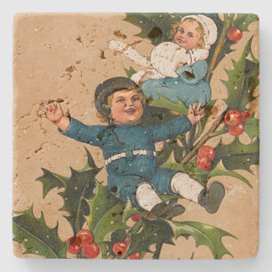 Vintage Kids on Christmas Holly Stone Coaster