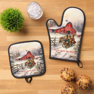 Vintage Kids On Old Sleigh Christmas Scene Oven Mitt & Pot Holder Set