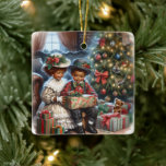 Vintage Kids Opening Christmas Presents  Ceramic Ornament<br><div class="desc">A vintage Christmas morning personalised Christmas ornament. Two little kids of colour opening holiday gifts all dressed in their Sunday best. Cute vintage vibes for an old-fashioned Christmas.</div>