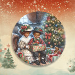 Vintage Kids Opening Christmas Presents  Classic Round Sticker<br><div class="desc">A vintage Christmas morning holiday stickers. Two little kids of colour opening holiday gifts all dressed in their Sunday best. Cute vintage vibes for an old-fashioned Christmas.</div>