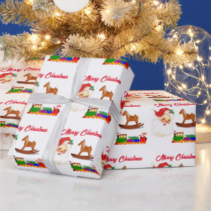 Vintage Kids Santa Claus Train and Rocking Horse   Wrapping Paper