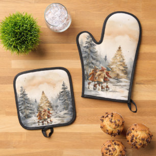 Vintage Kids Skating On a Pond Christmas  Oven Mitt & Pot Holder Set