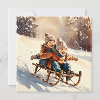 Vintage Kids Sled Ride Watercolor Winter Card