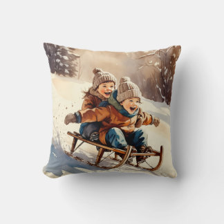 Vintage Kids Sled Ride Watercolor Winter Cushion