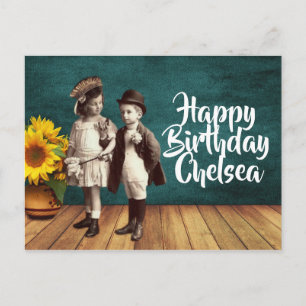 Vintage Kids & Sunflower Personalised Birthday Postcard