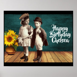 Vintage Kids & Sunflower Personalised Birthday Poster