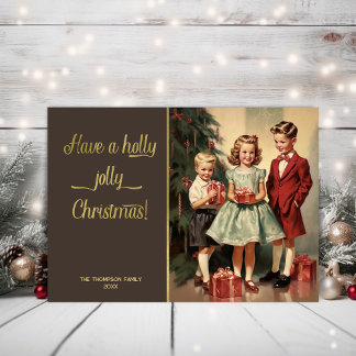 Vintage kids with presents holiday card
