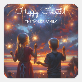 Vintage Kids with Sparklers July 4th Personalised Square Sticker