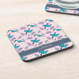 Vintage Kingfisher Birds Floral Pattern Pink Name Coaster