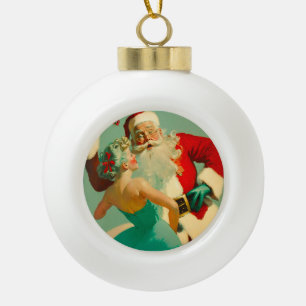 Vintage "Kissing Santa Claus" Blue Christmas Ceramic Ball Christmas Ornament