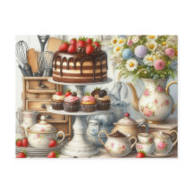 Vintage Kitchen Dishes Cake and Teapot Postcard