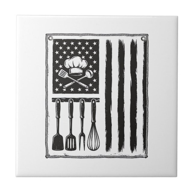 Vintage Kitchen Flag Cooking Utensils Shirt Design Tile (Front)