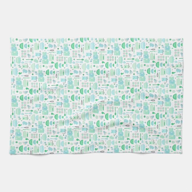 Vintage Kitchen Mint and Teal Tea Towel (Horizontal)