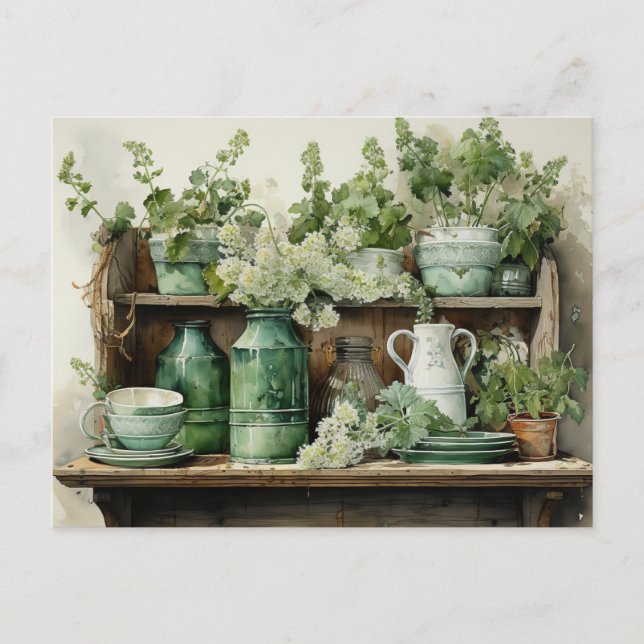  Vintage Kitchen Shelf Green Jars Clay Pots Postcard (Front)