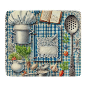 Vintage Kitchen Supplies on Blue Tablecloth Cutting Board