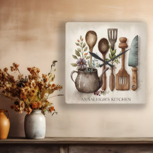 Vintage Kitchen Utensils Country Farmhouse Name  Square Wall Clock