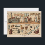 Vintage Kitchenware Illustration Postcard<br><div class="desc">Interesting Vintage Kitchenware Illustration with full kitchen in two panels and assorted,  old fashioned kitchenware in two panels. Vintage old paper colours. Old stove,  coffee pot,  ladles,  spoons,  and many other utensils.</div>