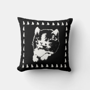 Vintage Kitten Art Black and White Cat Pillow