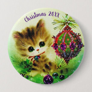Vintage Kitten Christmas 10 Cm Round Badge
