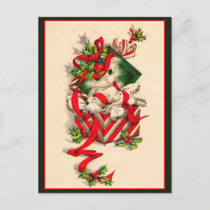 Vintage Kitten Christmas-Kitten In Present Box Postcard