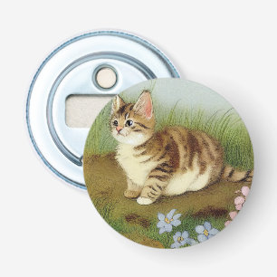 Vintage Kitten Illustration with Flowers Bottle Opener