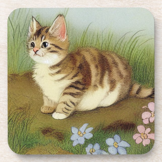 Vintage Kitten Illustration with Flowers Coaster (Front)
