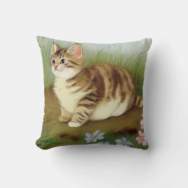 Vintage Kitten Illustration with Flowers Cushion (Front)