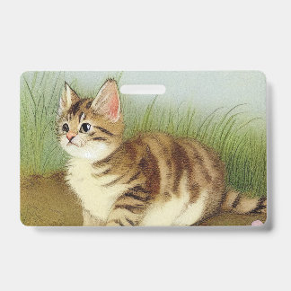 Vintage Kitten Illustration with Flowers ID Badge