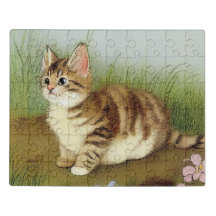 Vintage Kitten Illustration with Flowers