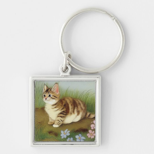 Vintage Kitten Illustration with Flowers Key Ring (Front)