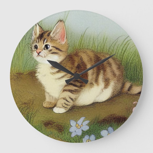 Vintage Kitten Illustration with Flowers Large Clock (Front)
