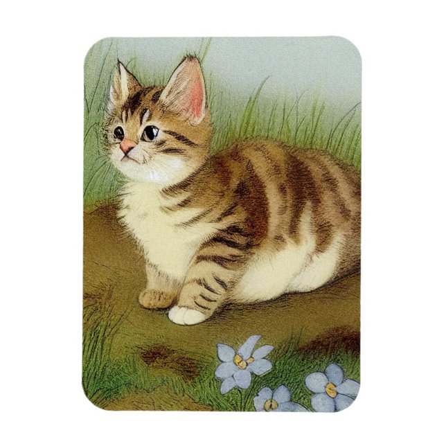 Vintage Kitten Illustration with Flowers Magnet (Vertical)