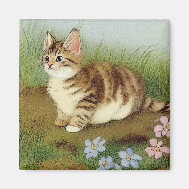 Vintage Kitten Illustration with Flowers Magnet (Front)