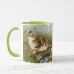 Vintage Kitten Illustration with Flowers Mug
