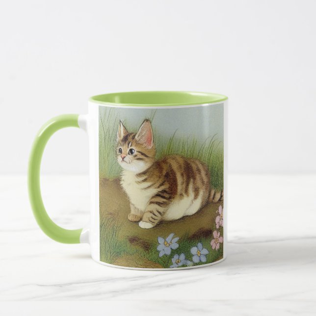 Vintage Kitten Illustration with Flowers Mug (Left)