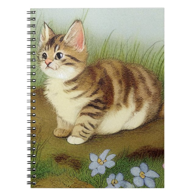 Vintage Kitten Illustration with Flowers Notebook (Front)