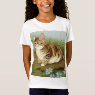Vintage Kitten Illustration with Flowers T-Shirt