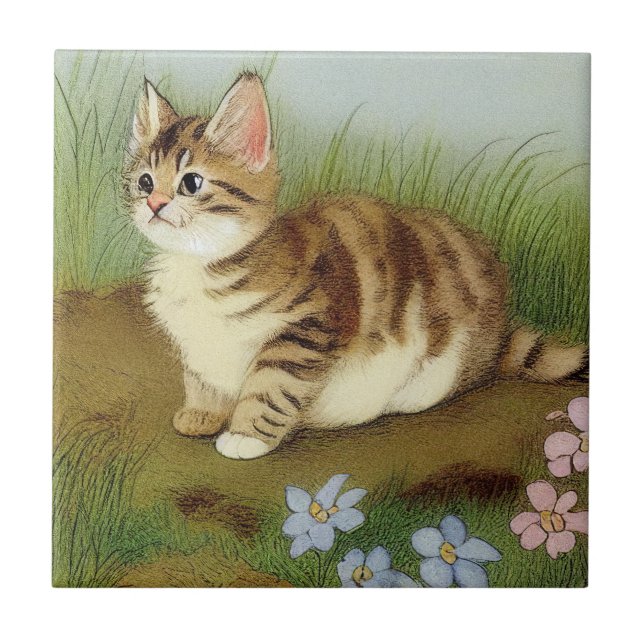 Vintage Kitten Illustration with Flowers Tile (Front)