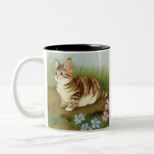 Vintage Kitten Illustration with Flowers Two-Tone Coffee Mug