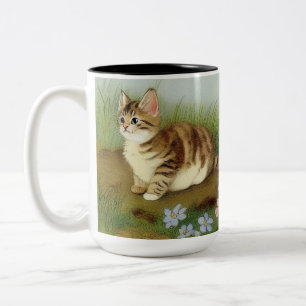 Vintage Kitten Illustration with Flowers Two-Tone Coffee Mug